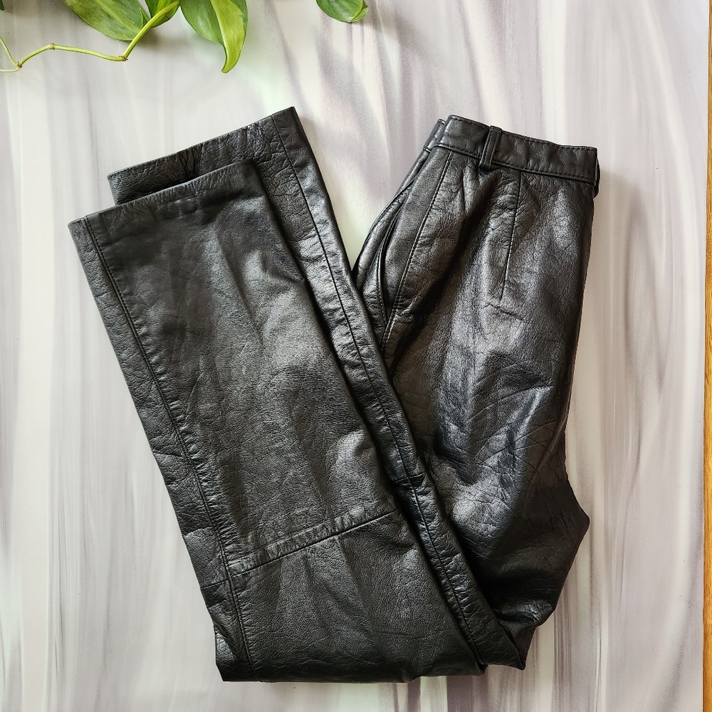 🔥 Vintage 80s Lambskin Leather High Waist Pants Biker Lined Black Hot